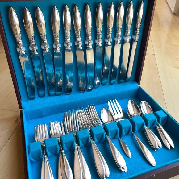 VTG 1847 Rogers Bros Queen Ann St Moritz Silver Plate Flatware 49 pc and Box MCM - Picture 1 of 13